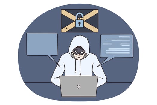 Male hacker in hood and mask use laptop steal personal data on internet. Man cyber thief hack program on computer. Online information security and safety concept. Vector illustration.