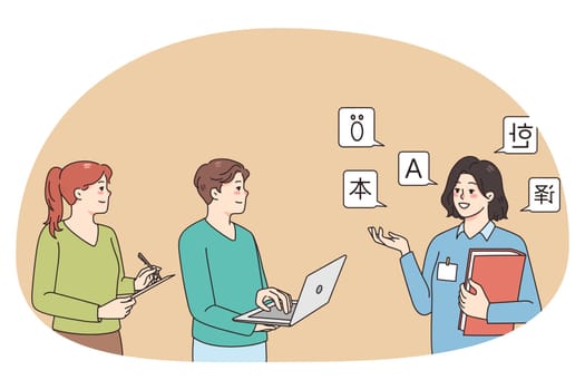 Female teacher or tutor of foreign languages held lesson for diverse students. Woman translator help people understanding and interpreting. Translation and teaching service. Vector illustration.