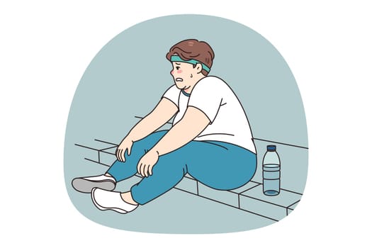 Tired fat man sit on sidewalk feel exhausted after exercising outdoors losing weight. Unhappy obese male have difficulties workout training in park. Diet and sport, weightloss. Vector illustration.