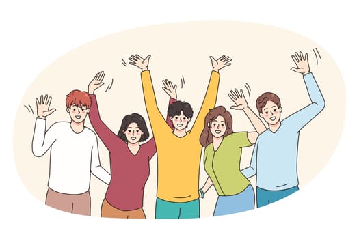 Happy young people raise hands paving having fun together. Smiling diverse friends celebrate or throw party posing for picture. Friendship and diversity concept. Flat vector illustration.