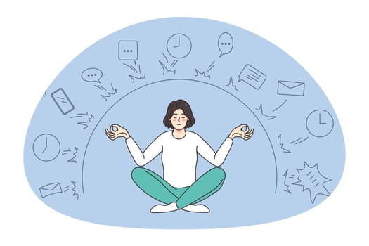 Calm woman sit in lotus position meditate distract from work deals and job troubles. Relaxed female practice yoga have digital detox. Meditation concept. Stress free. Vector illustration.