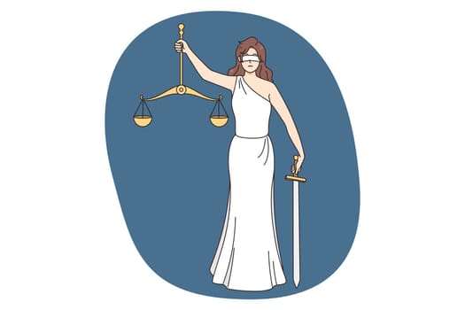 Lady justice holding scales and sword stand for law and order. Goddess Themis or Femida with weighs in hands. Jurisdiction and legal institution concept. Vector illustration.