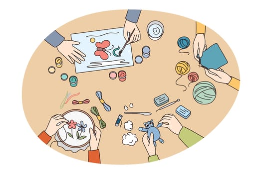 Top view of children drawing, embroidery or knitting class. Kids engaged in creative art workshops on weekend. Educational or artistic lessons for child. Flat vector illustration.