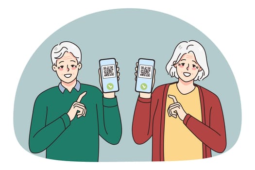 Smiling old man and woman show digital qr codes vaccination certificates on cellphones. Happy mature couple demonstrate covid vaccinating health passport on smartphone. Vector illustration.