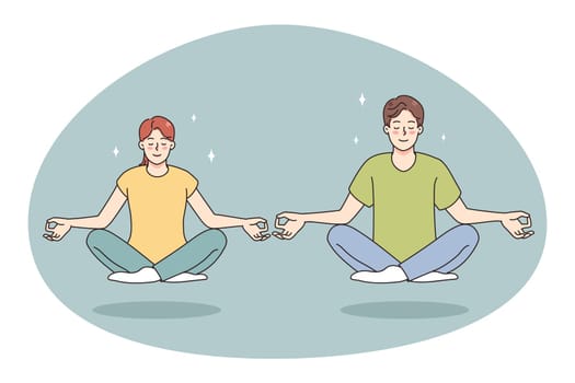 Calm man and woman with mudra hands meditate in lotus position clear thoughts. Happy couple practice yoga with eyes closed relieve negative emotions breathe fresh air. Vector illustration.
