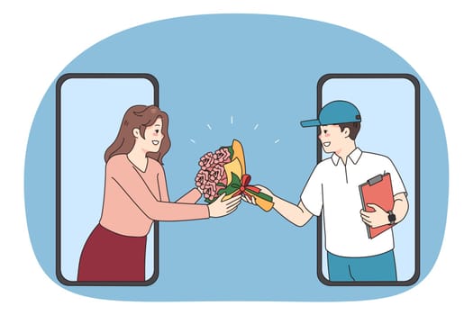 Smiling deliveryman give flowers to excited woman make order online on smartphone. Happy man courier delver bouquet to female client with mobile cellphone app. Flat vector illustration.