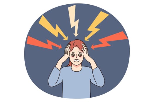 Unhappy frustrated woman stressed with life problems or thoughts feel depressed and overwhelmed. Upset female suffer from workload or troubles, have anxiety or panic attack. Vector illustration.