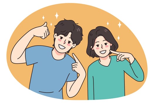 Happy children point at teeth wear braces system for healthy even smile. Teen boy and girl kids recommend bracket for tooth oralcare and treatment. Dental health concept. Vector illustration.