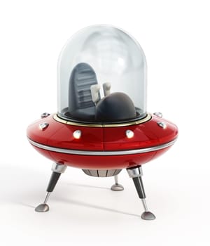Retro cartoon UFO isolated on white background. 3D illustration.