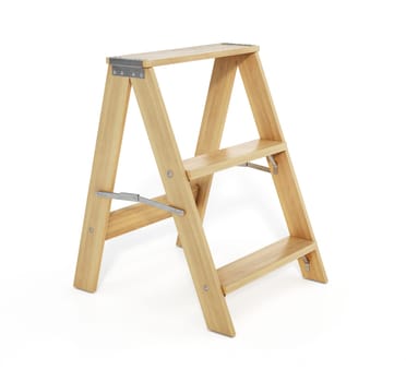 Wooden three step folding ladder. 3D illustration.
