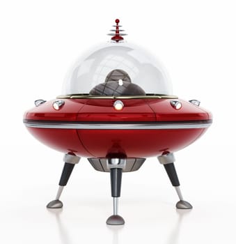Retro cartoon UFO isolated on white background. 3D illustration.