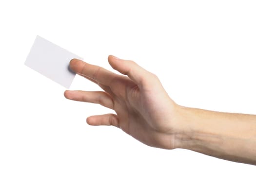 The man hand gives the visit  card on a white background