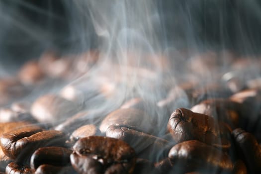 macro coffee beans in aroma smoke