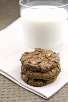A glass of milk and choc chip cookies