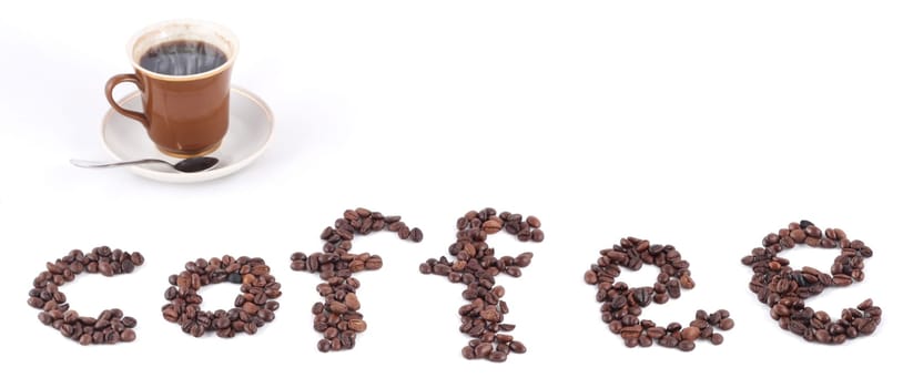 The text of coffee from grains and a cup, isolated on white