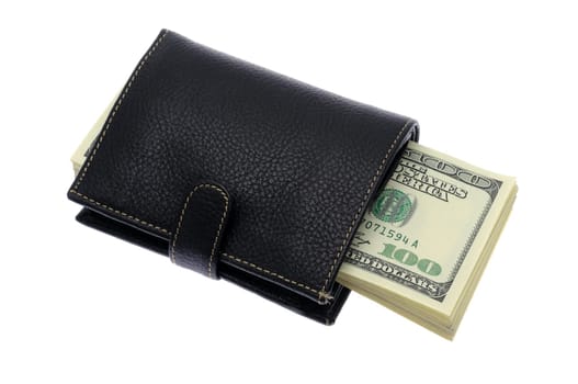 Stack of US one hundred dollar bills in wallet, isolated on white