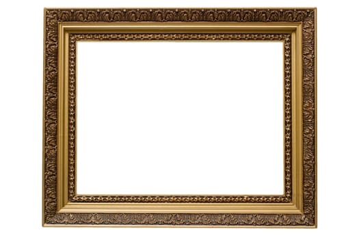 Empty gold plated wooden picture frame isolated on white backround