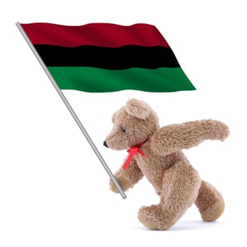 An African American flag being carried by a cute teddy bear