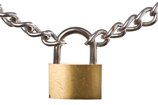 Security concept - padlock on chain isolated on white background