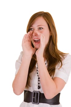 Beautiful business lady calling, isolated on white.