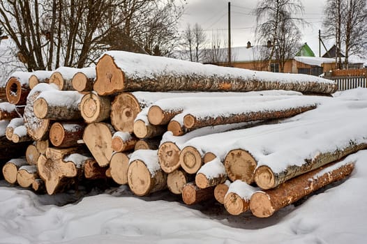 The sawn aspen is stacked under the snow. High quality photo
