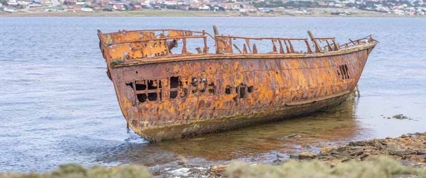 An old whaler wreck in Whalebone Cove off Stanley in the Falkland Islands. Stanley in the background
