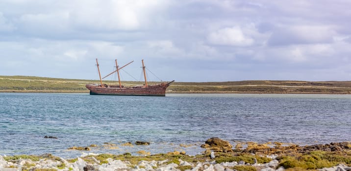 An old whaler wreck in Whalebone Cove off Stanley in the Falkland Islands. Stanley in the background