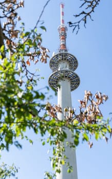Telecommunication tower Trier-Petrisberg photographed against a blue sky