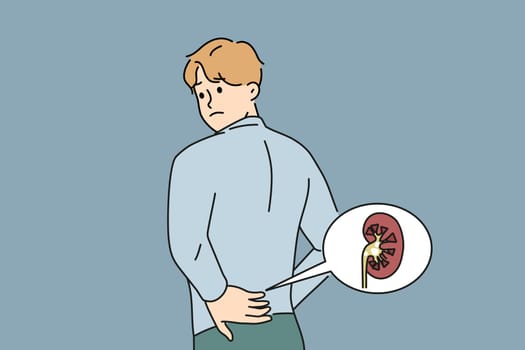 Unwell man touch back suffer from kidney pain having stones in body organ. Unhealthy guy struggle with backache from kidney. Vector illustration.
