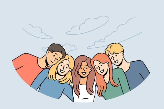 Smiling diverse friends posing together enjoy walk in park. Happy men and women have fun relaxing in summertime. Vector illustration.