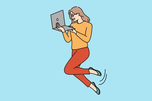 Businesswoman float in air work on computer. Smiling woman employee levitate busy with laptop job. Freelance and employment freedom. Vector illustration.