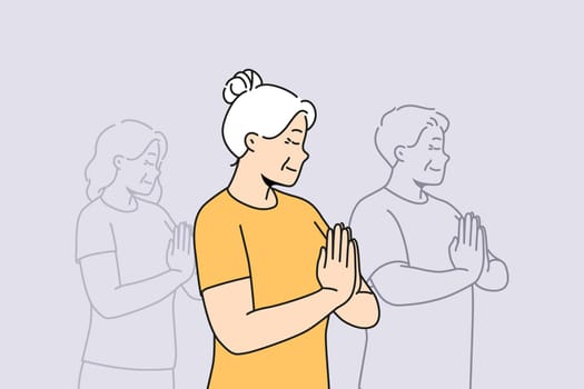 Elderly woman with prayer hands practice yoga on group classes. Happy calm old grandmother meditate follow healthy life in yoga studio. Vector illustration.