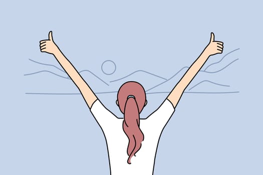Back view of excited woman with thumbs up standing in mountains landscape enjoy life. Female with hands in air celebrate achievement or success in nature. Vector illustration.