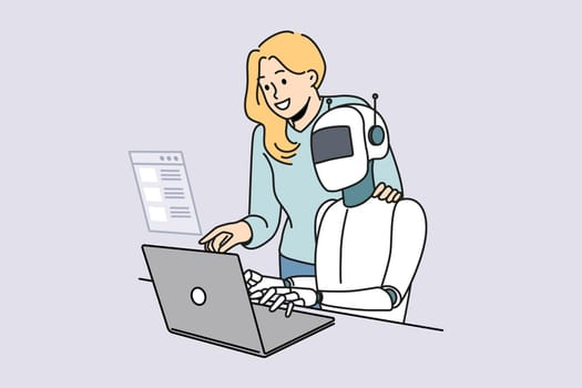 Female employee and robotic assistant work together on computer. Robot tester search program bugs and mistakes in software on laptop. QA concept. Vector illustration.
