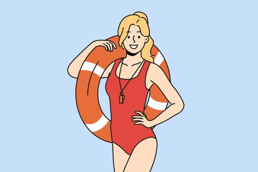 Smiling woman lifeguard in swimsuit posing with inflatable ring. Happy female guard in swimwear with lifebuoy. Vector illustration.