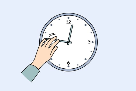 Closeup of person changing time on clock hanging on wall. Man or woman change hands of clock. Time management and planning. Vector illustration.