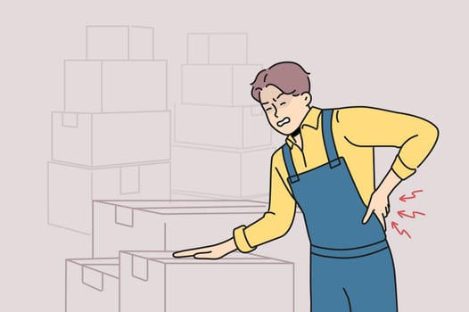 Sick man in uniform suffer from backache working in warehouse with boxes. Unhealthy male worker struggle with back pain. Vector illustration.
