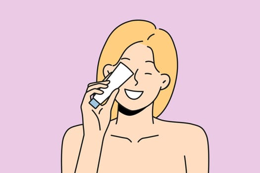 Smiling naked woman with beauty product bottle recommend item. Happy female client show recommend cosmetics. Vector illustration.