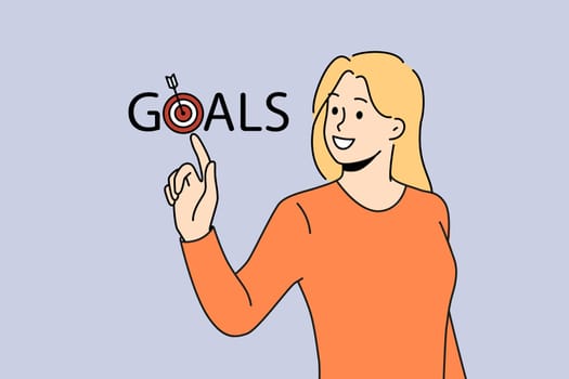 Woman touching target reach personal goals feel successful. Smiling female strive for aims reach. Accomplishment and success. Vector illustration.