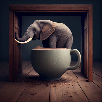 Big elephant standing in a cup of coffee, surreal animal concept, metaphorical idiom for important or enormous topic, generative ai