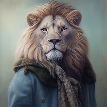 Portrait of an human lion hybrid wearing clothes, mixed creature, mythology, generative AI