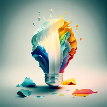 Creative light bulb, explosion of ideas, colorful paint splashes, brainstorming for solutions, smart brain, generative AI