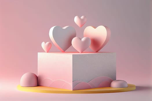 Podium platform, pink pastel hearts, love and emotion, product display and showcase, promotion, generative AI
