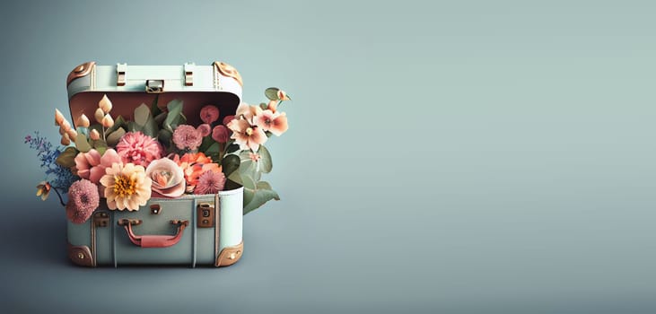 Suitcase filled with spring and summer flowers, pastel color, creative positive lifestyle, self care and traveling concept, generative AI