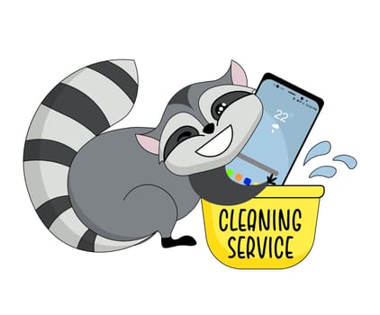 Icon sticker funny washing a smartphone with a raccoon. Cartoon. Vector. Characters. Isolated objects.