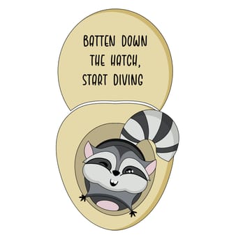 Icon sticker funny raccoon in the toilet. start diving.Cartoon. Vector. Characters. Isolated objects.