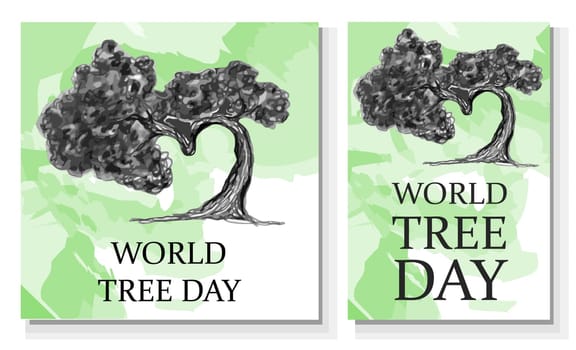 Congratulatory banner for WORLD Tree Day. Tree planting day. Pencil-drawn bonsai