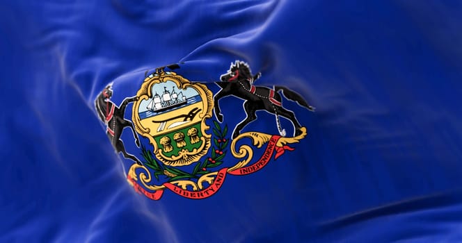 Close-up of Pennsylvania state flag waving. Blue field with state coat of arms: shield between horses, eagle on top. 3d illustration render. Textured background. Selective focus. Fluttering textile