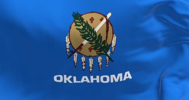 Detail of the the Oklahoma state flag waving. Blue field with a buffalo-skin shield, olive branch and peace pipe. Textured background. 3d illustration render. Close-up. Fluttering textile