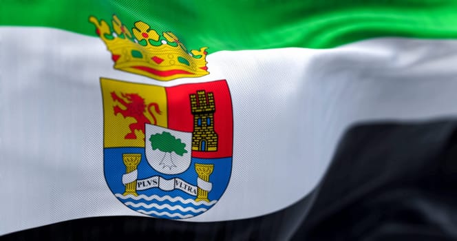 Detail of the Extremadura flag waving. Autonomous community of Spain. Green, white, black stripes. State flag has coat of arms. 3d illustration render. Selective focus. Close-up. Fluttering textile